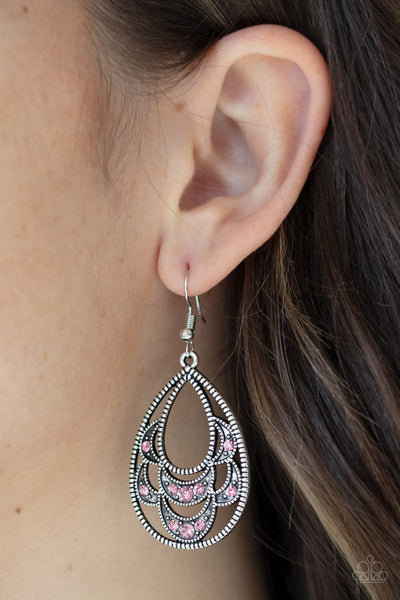 Malibu Macrame – Paparazzi – Pink Rhinestone Silver Teardrop Earrings