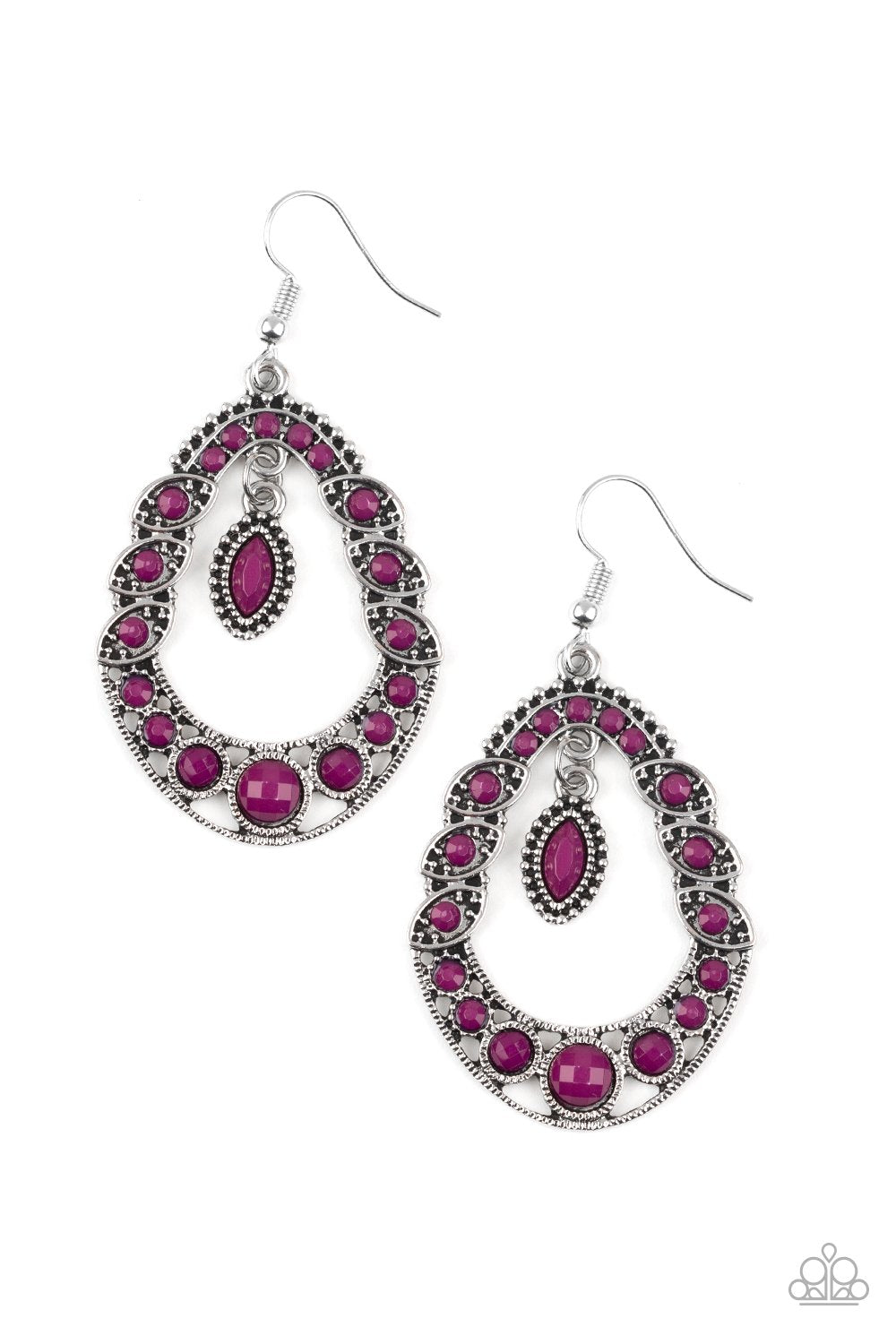 Malibu Mardi Gras - Paparazzi - Purple Bead Silver Frame Earrings