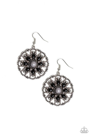 Mardi Gras Garden - Paparazzi - Silver and Black Floral Frame Earrings