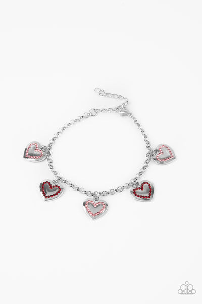 Matchmaker, Matchmaker - Paparazzi - Multi Red and Pink Rhinestone Heart Charm Clasp Bracelet