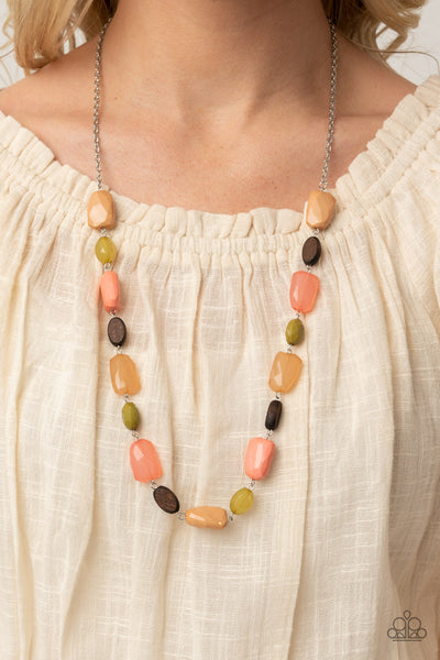 Meadow Escape - Paparazzi - Multi Coral Green and Wood Bead Necklace