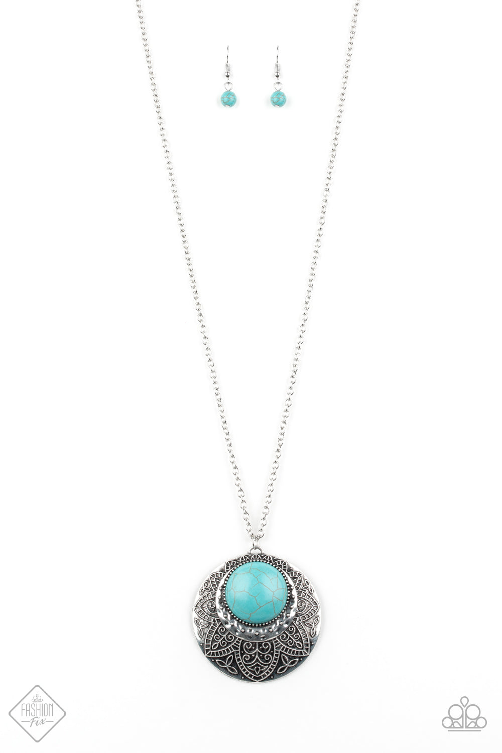 Medallion Meadow – Paparazzi – Blue Turquoise Silver Floral Frame Necklace