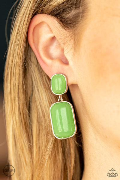 Meet Me At The Plaza - Paparazzi - Green Milky Bead Clip On Earrings