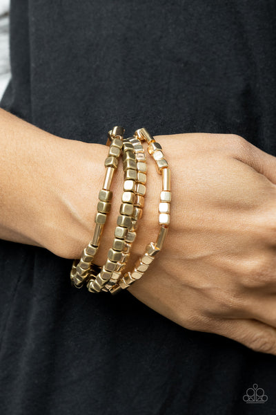 Metro Materials - Paparazzi - Multi Gold and Brass Square Bead Stretchy Bracelet