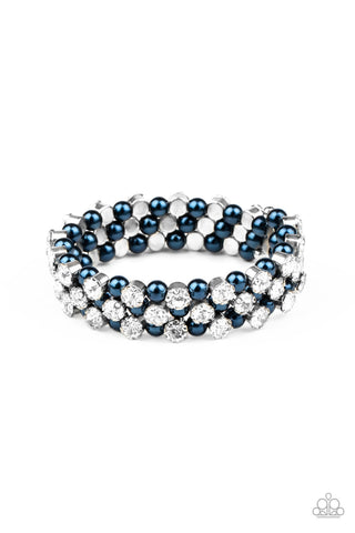 Metro Motif - Paparazzi - Blue Pearl White Rhinestone Coil Bracelet