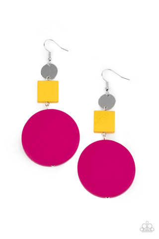 Modern Materials - Paparazzi - Multi Pink Yellow Wooden Geometric Earrings