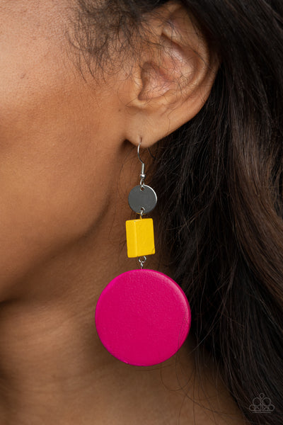 Modern Materials - Paparazzi - Multi Pink Yellow Wooden Geometric Earrings
