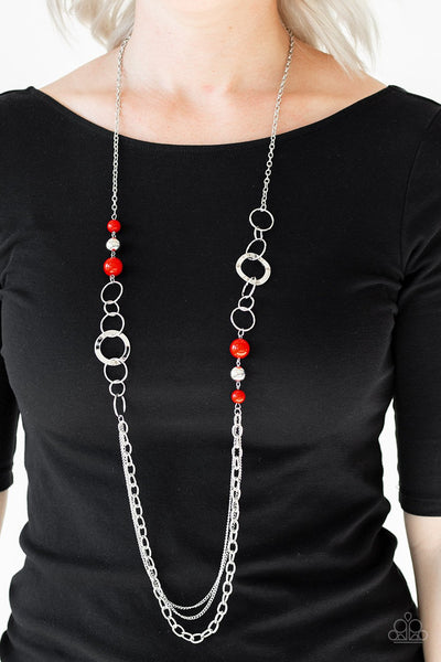 Modern Motley - Paparazzi - Red Silver Bead Hoop Necklace