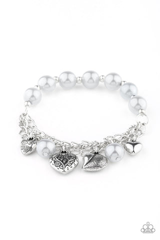 More Amour – Paparazzi – Silver Heart Charm Gray Pearl Stretchy Bracelet
