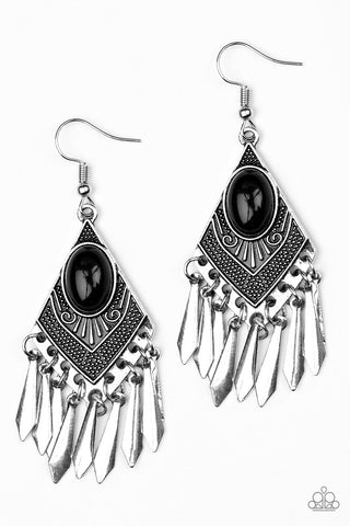 Mostly Monte-ZUMBA - Paparazzi - Black Bead Silver Diamond Tribal Fringe Earrings
