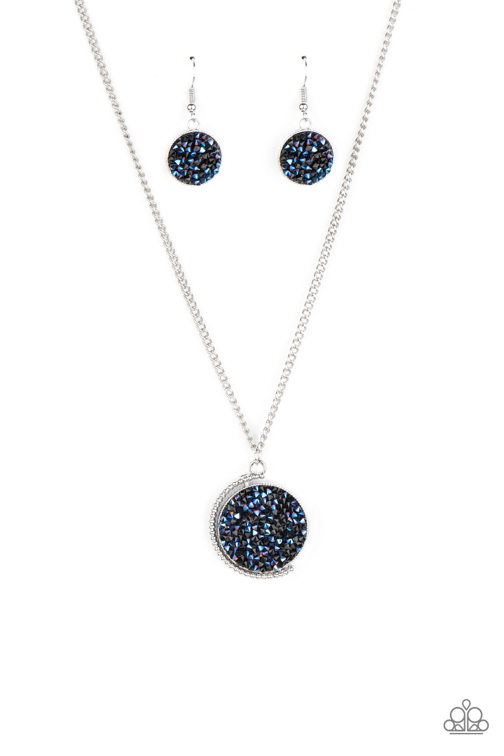 My Moon and Stars - Paparazzi - Blue and Black Metallic Rhinestone Silver Spinning Circle Necklace