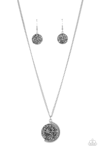 My Moon and Stars - Paparazzi - Silver Hematite Rhinestone Spinning Pendant Necklace