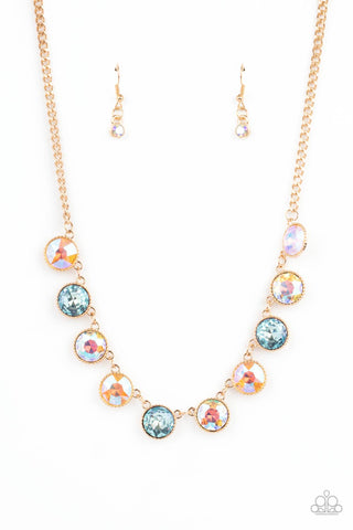 Mystical Majesty - Paparazzi - Multi Iridescent Blue and Peach Gem Gold Necklace