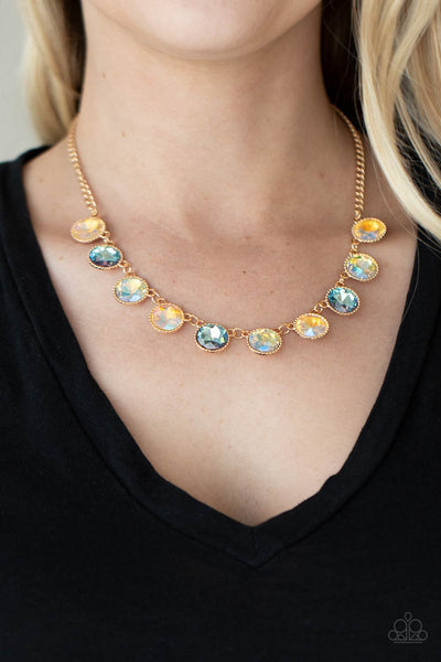 Mystical Majesty - Paparazzi - Multi Iridescent Blue and Peach Gem Gold Necklace