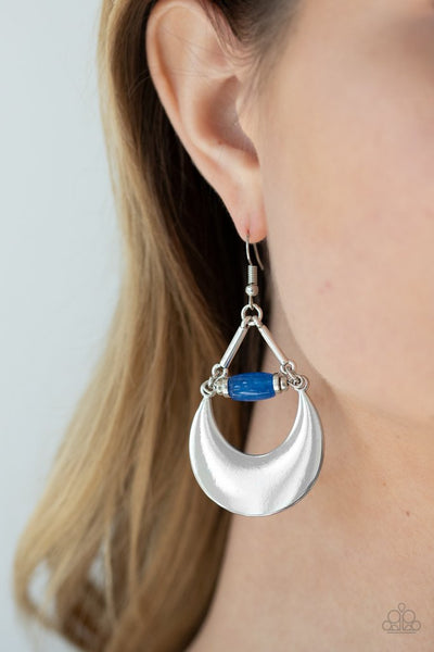 Mystical Moonbeams - Paparazzi - Blue Stone Bead Silver Crescent Earrings