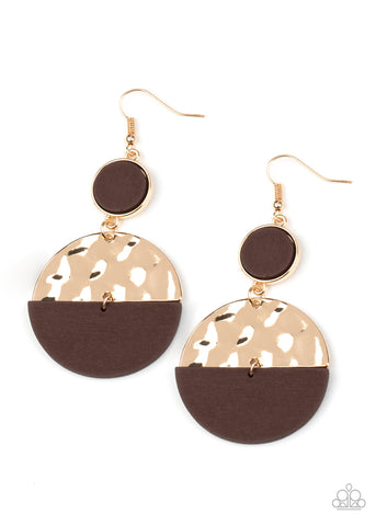 Natural Element - Paparazzi - Gold Hammered Crescent Brown Wood Earrings