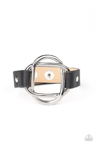 Nautically Knotted - Paparazzi - Black Leather Silver Knot Snap Bracelet