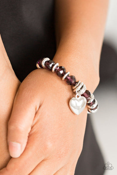 Need I Say AMOUR? - Paparazzi - Purple Crystal Bead Silver Heart Charm Stretchy Bracelet