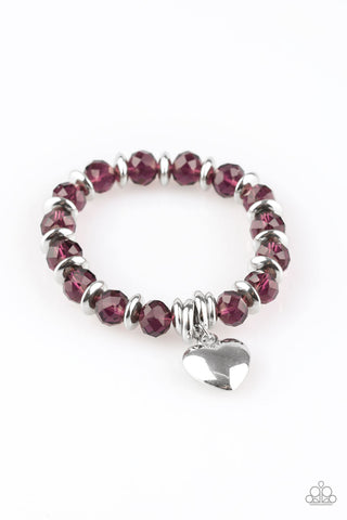 Need I Say AMOUR? - Paparazzi - Purple Crystal Bead Silver Heart Charm Stretchy Bracelet