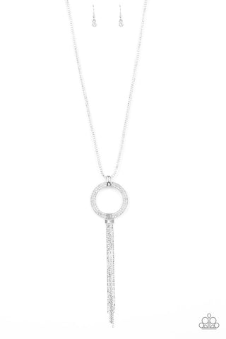 Not A HEIR Out Of Place - Paparazzi - White Rhinestone Circular Pendant Silver Tassel Necklace