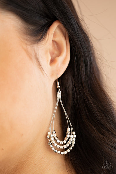 Off The Blocks Shimmer - Paparazzi - Silver Cube Bead Wire Teardrop Earrings