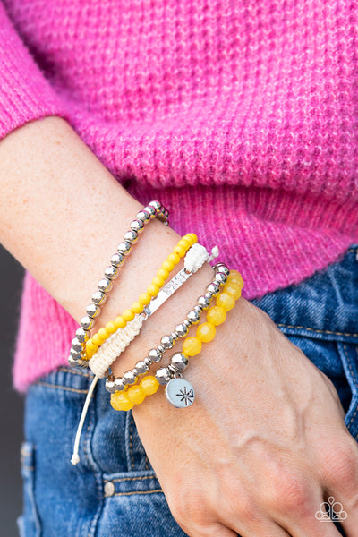 Offshore Outing - Paparazzi - Yellow and Silver Bead Stretchy Sliding Knot Bracelet Set 2022 Convention Exclusive