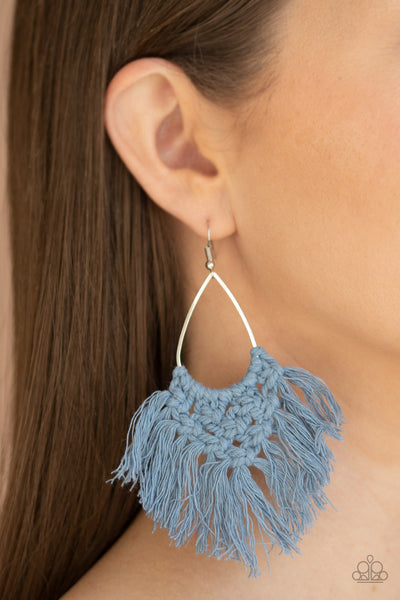 Oh MACRAME, Oh My - Paparazzi - Blue Faded Denim Knotted Twine Fringe Earrings