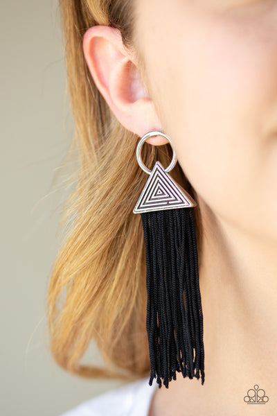 Oh My Giza – Paparazzi – Black Cording Tassel Silver Triangular Frame Post Earrings