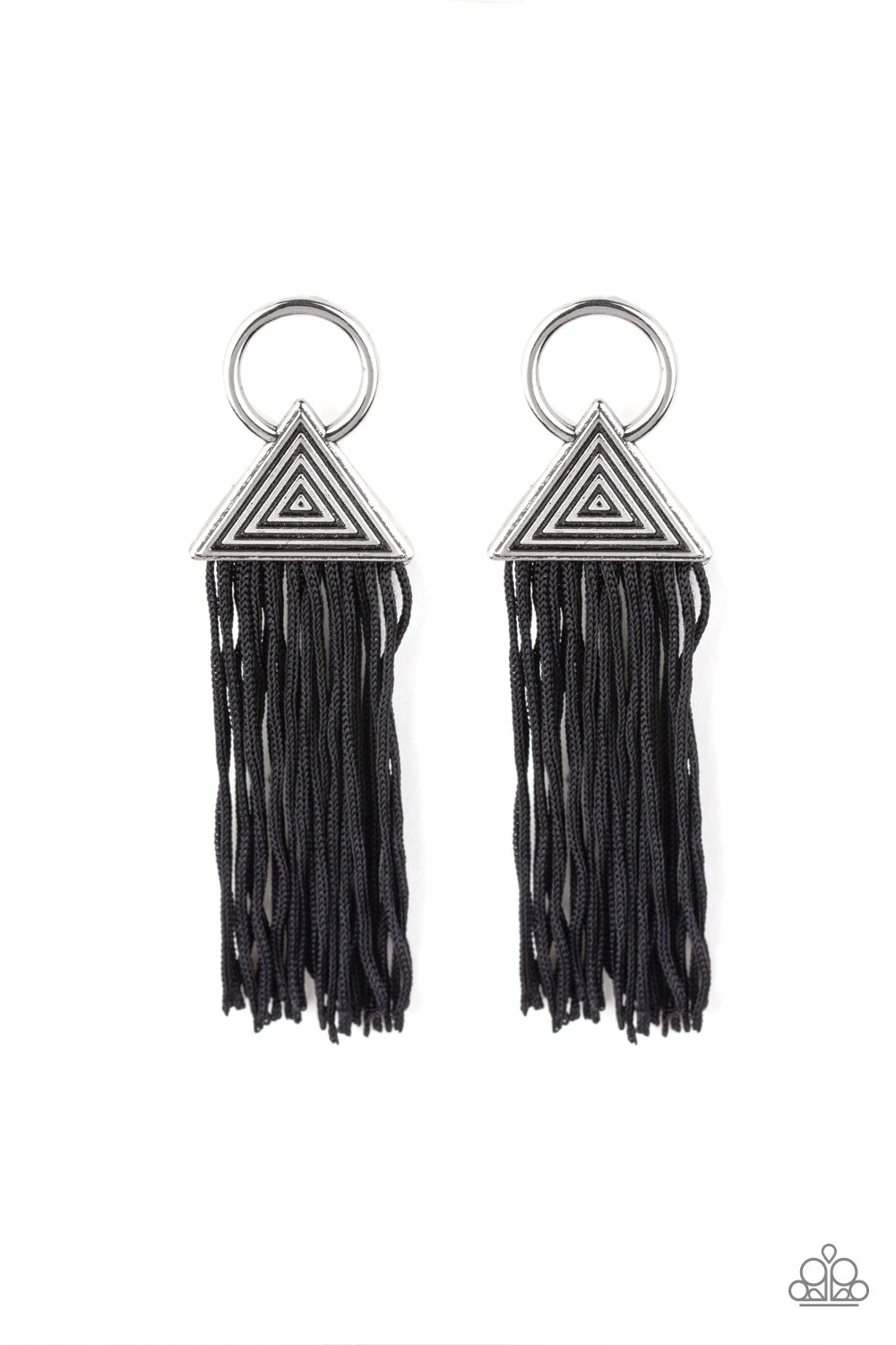 Oh My Giza – Paparazzi – Black Cording Tassel Silver Triangular Frame Post Earrings