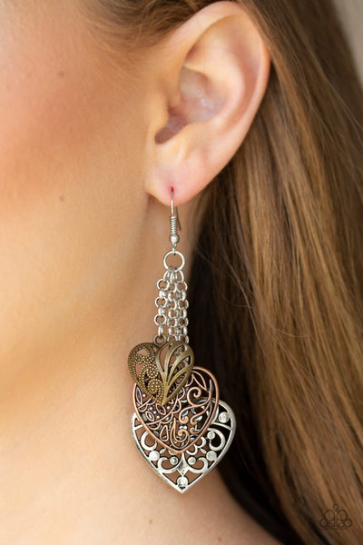 Once Upon A Heart - Paparazzi - Multi Copper, Brass, and Silver Heart Earrings