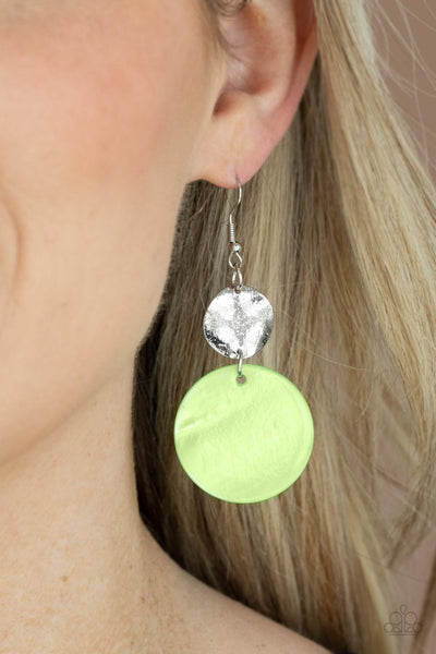 Opulently Oasis - Paparazzi - Green Shell-Like Circular Disc Earrings