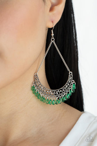 Orchard Odyssey - Paparazzi - Green Fringe Bead Silver Filigree Crescent Earrings