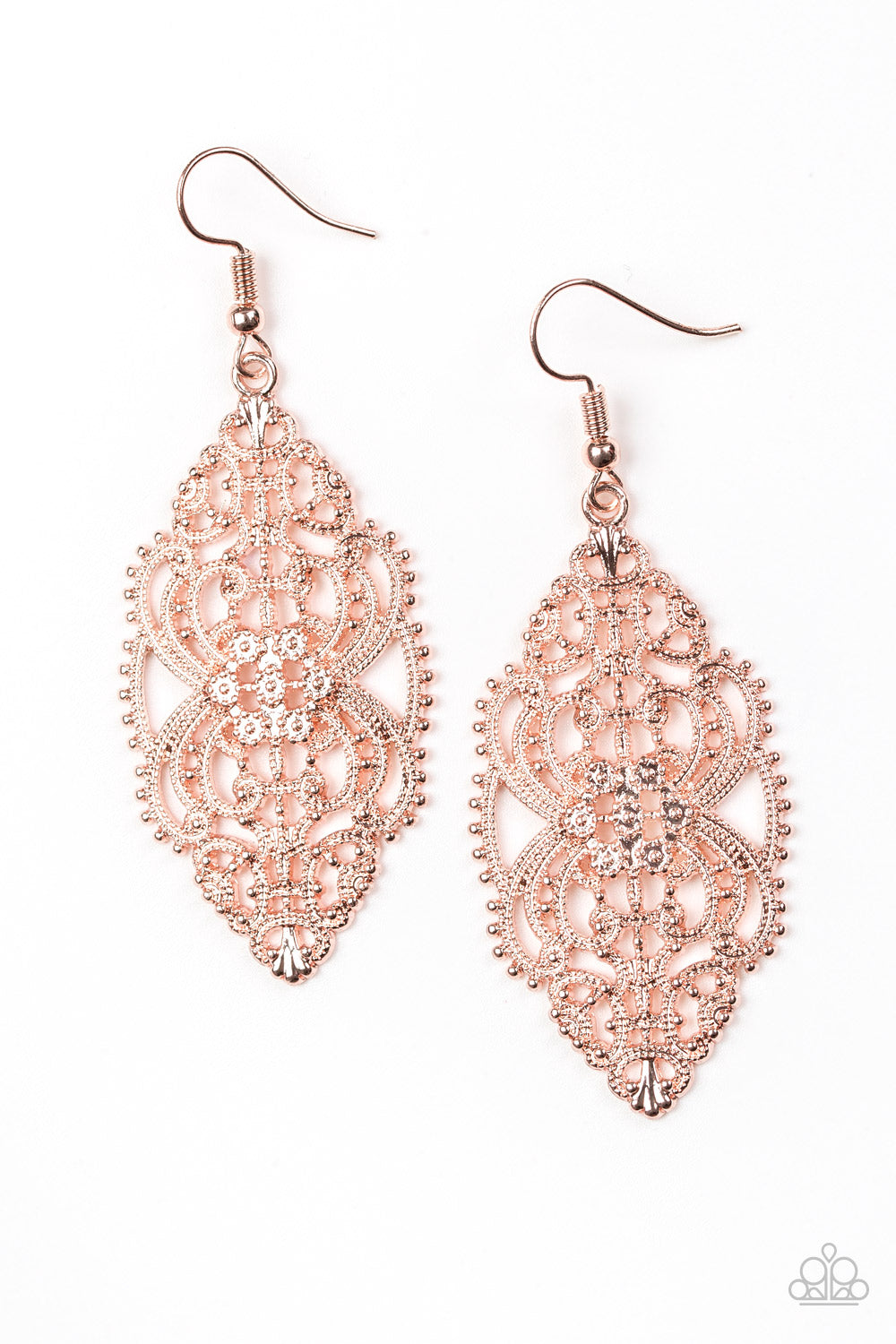 Ornately Ornate - Paparazzi - Rose Gold Filigree Floral Earrings