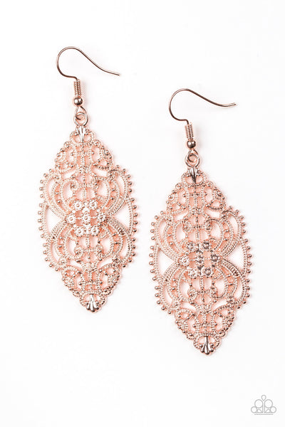 Ornately Ornate - Paparazzi - Rose Gold Filigree Floral Earrings