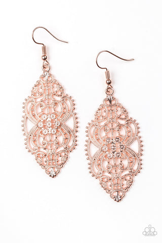 Ornately Ornate - Paparazzi - Rose Gold Filigree Floral Earrings