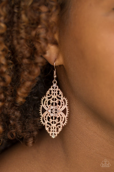 Ornately Ornate - Paparazzi - Rose Gold Filigree Floral Earrings