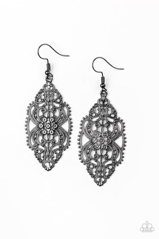 Ornately Ornate - Paparazzi - Black Gunmetal Filigree Floral Earrings