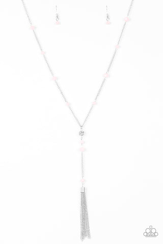 Out All Night - Paparazzi - Pink Crystal Bead Silver Y Shaped Tassel Necklace