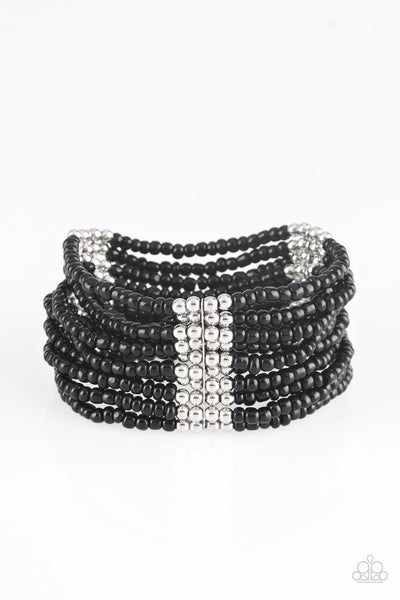 Outback Odyssey - Paparazzi - Black and Silver Seed Bead Stretch Bracelet