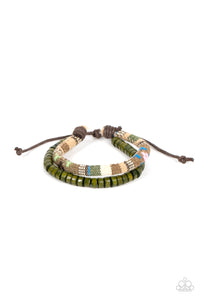 Pack your Poncho - Paparazzi - Green Wooden Bead Textile Sliding Knot Bracelet