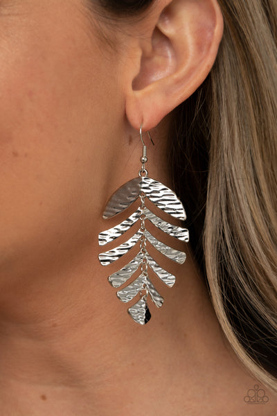 Palm Lagoon - Paparazzi - Silver Textured Leaf Earrings