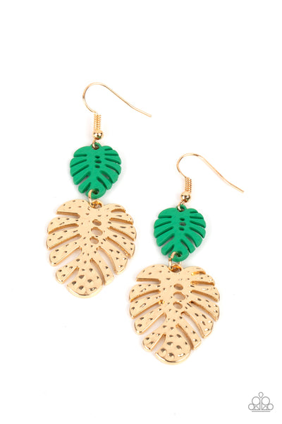 Palm Tree Cabana - Paparazzi - Green and Gold Palm Leaf Earrings