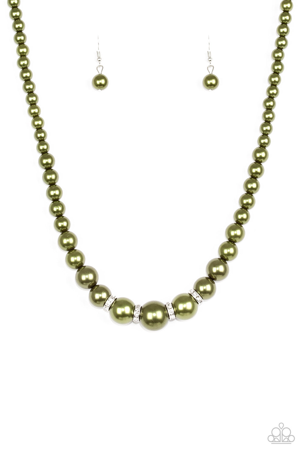 Party Pearls - Paparazzi - Green Pearl White Rhinestone Necklace