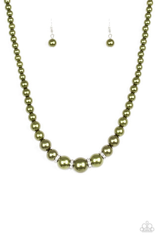 Party Pearls - Paparazzi - Green Pearl White Rhinestone Necklace