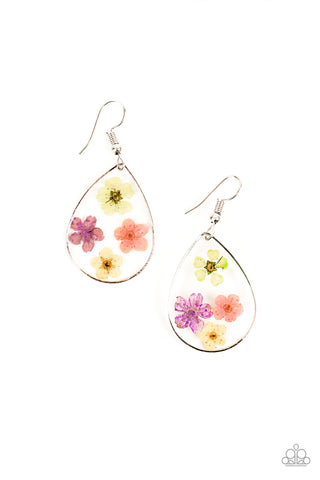 Perennial Prairie - Paparazzi - Multi Green Pink Purple Yellow Pressed Flowers Teardrop Earrings