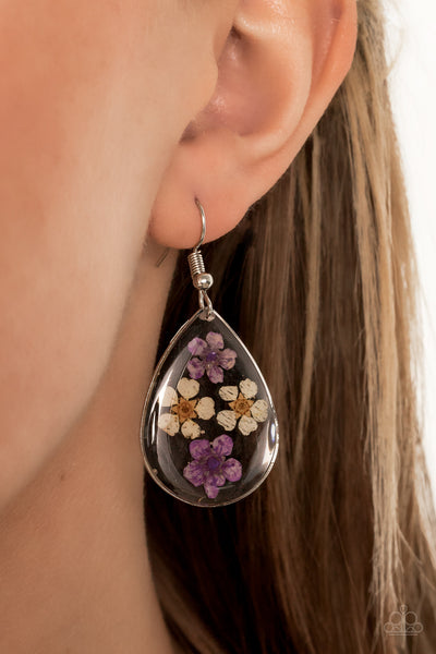 Perennial Prairie - Paparazzi - Multi Purple and Yellow Pressed Flower Teardrop Earrings