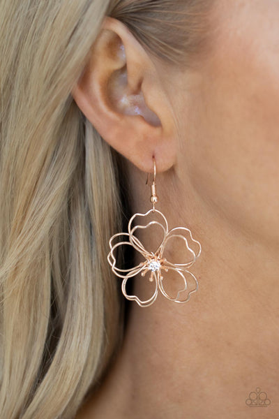 Petal Power - Paparazzi - Rose Gold Wire Flower Rhinestone Earrings