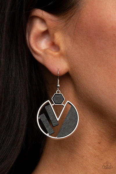 Petrified Posh - Paparazzi - Black Wood Geometric Silver Frame Earrings