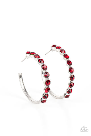 Photo Finish - Paparazzi - Red Rhinestone Silver Hoop Earrings