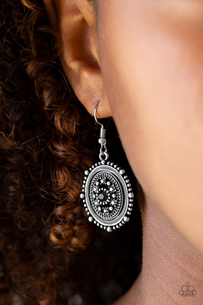 Picture of WEALTH - Paparazzi - Black Rhinestone Silver Studded Oval Frame Earrings